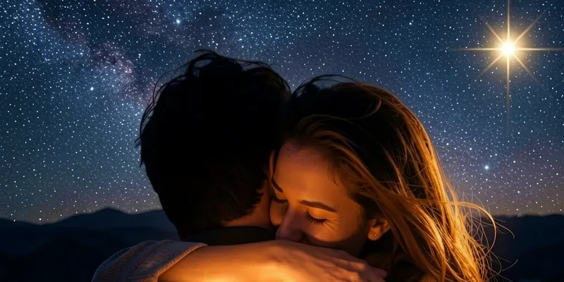 Un couple enlacé, les yeux fermés, sous la Voie lactée et une étoile brillante