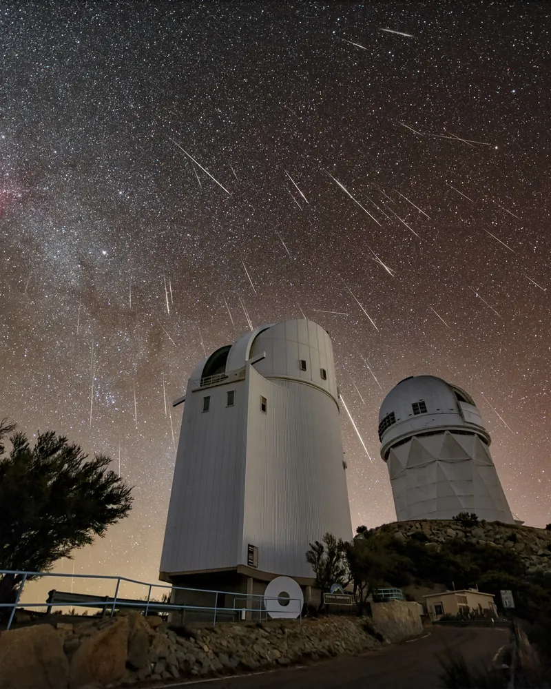 Des étoiles filantes traversent un ciel étoilé au-dessus de deux coupoles d’observatoire et d’arbres en silhouette