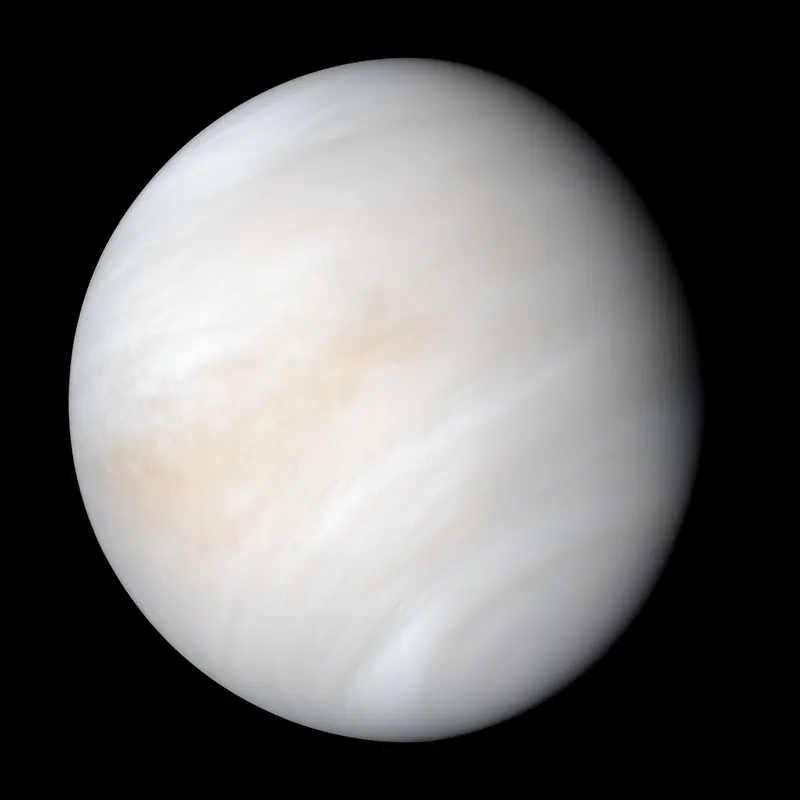 La planète Vénus vue par la sonde Mariner 10 : un globe blanc crème strié de nuages, sur le fond noir de l’espace