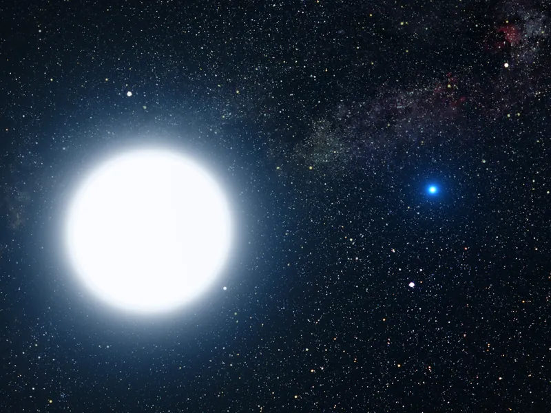 Vue d’artiste du système de Sirius : Sirius A, grand disque blanc à gauche, et Sirius B, petit point bleu à droite