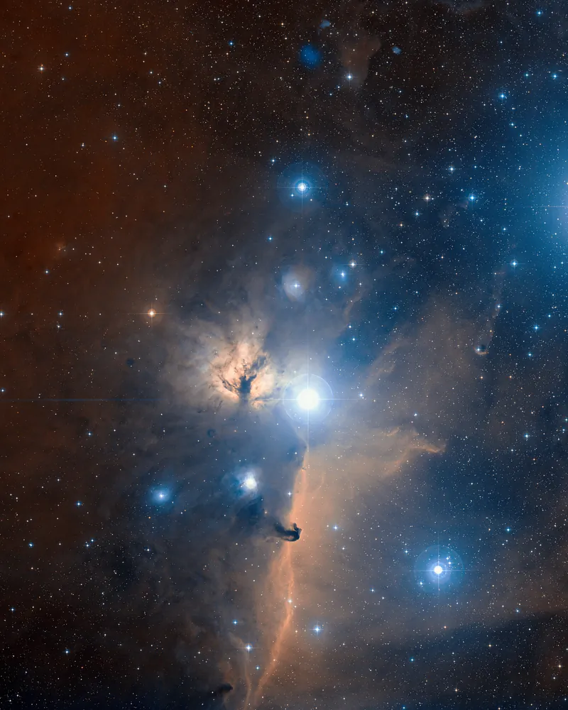 Autour d’Alnitak, étoile de la ceinture d’Orion : la nébuleuse de la Flamme, la sombre Tête de Cheval et des étoiles bleues