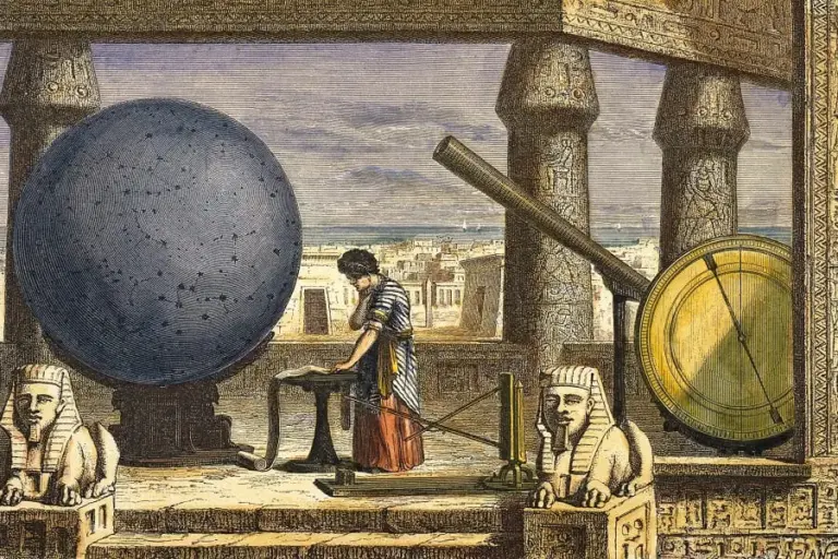 Astronome de l’Antiquité observant le ciel près d’un globe céleste et d’un télescope