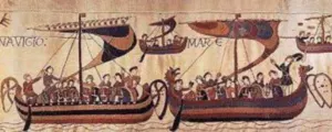 Drakkars vikings naviguant, détail de la tapisserie de Bayeux