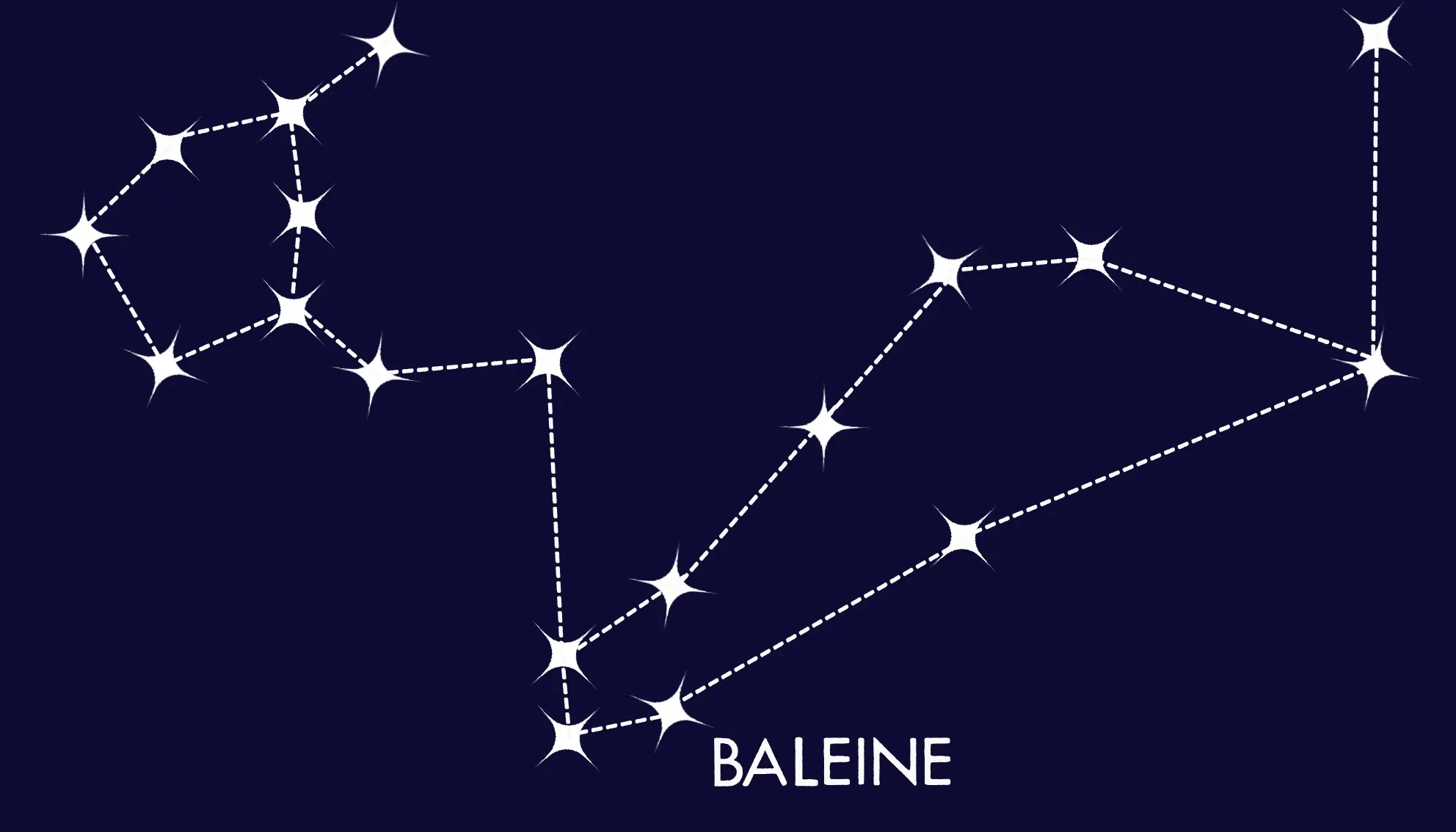 Tracé de la constellation de la Baleine, de la tête de Menkar à la queue de Diphda