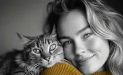 Jeune femme et son chat tigré joue contre joue, photo en noir et blanc