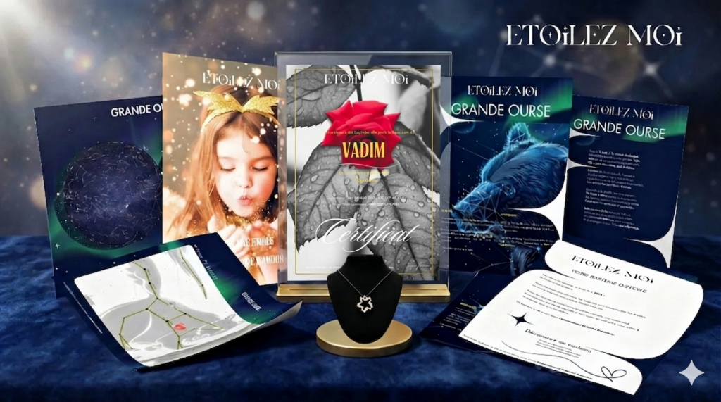 Coffret complet cadeau symbolique décès père avec certificat de baptême d'étoile et documents commémoratifs personnalisés