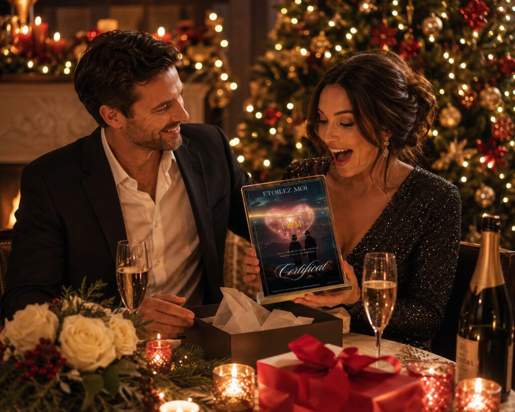 Jeune femme émerveillée par son certificat d’étoile près du sapin, Noël en amoureux
