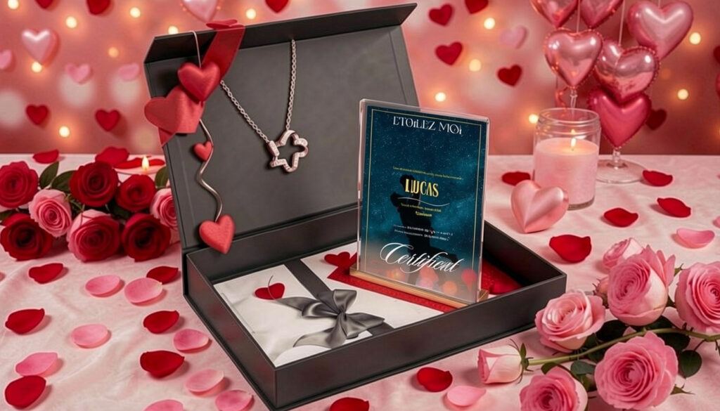 Coffret de baptême d’étoile présenté parmi les roses, avec certificat personnalisé et collier étoile