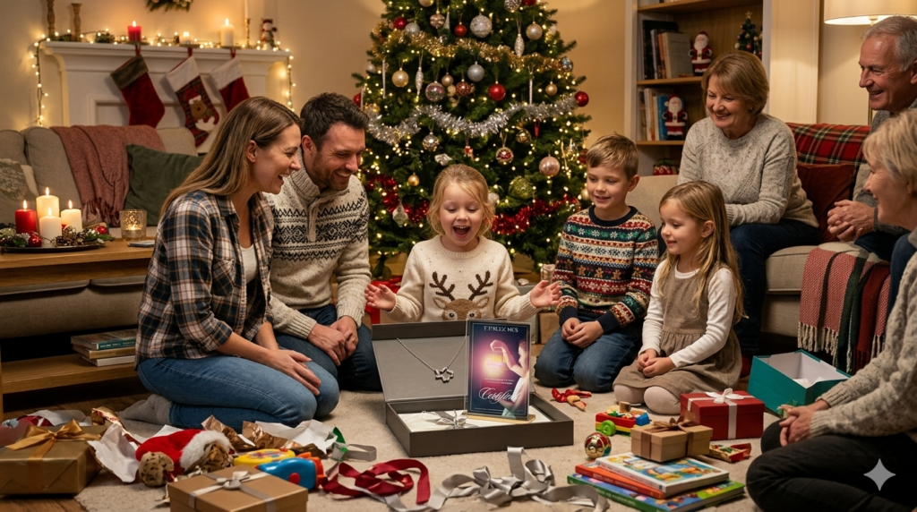 Petite fille émerveillée découvrant son étoile personnalisée comme cadeau de Noël symbolique