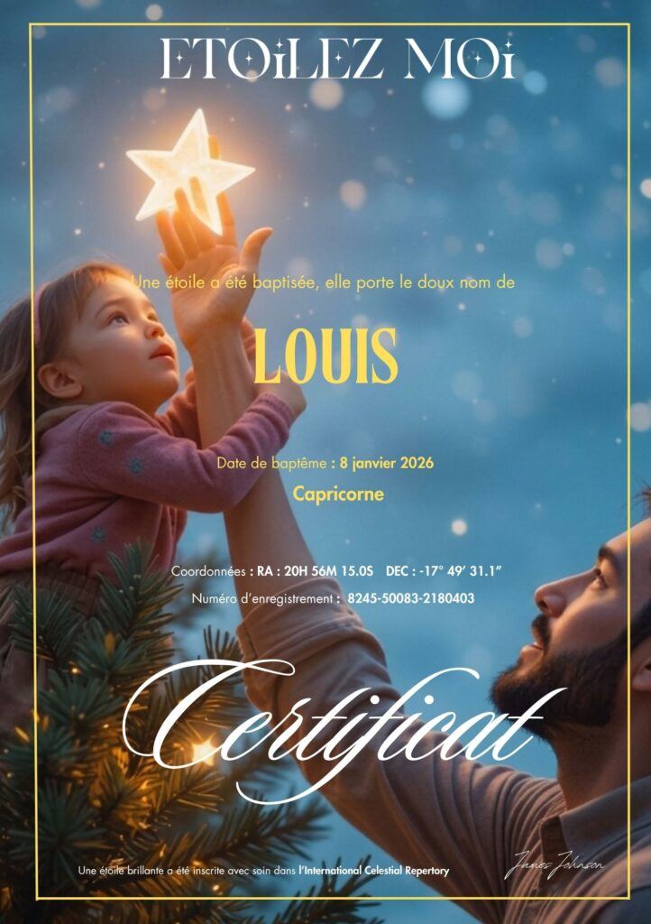 Certificat de baptême d'étoile dans un cadre doré, une idée cadeau Noël papa original pour immortaliser un souvenir céleste.