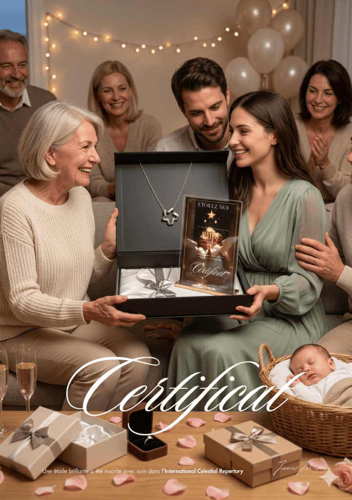 Cadeau baptême parrain marraine avec coffret complet et documents astronomiques personnalisés