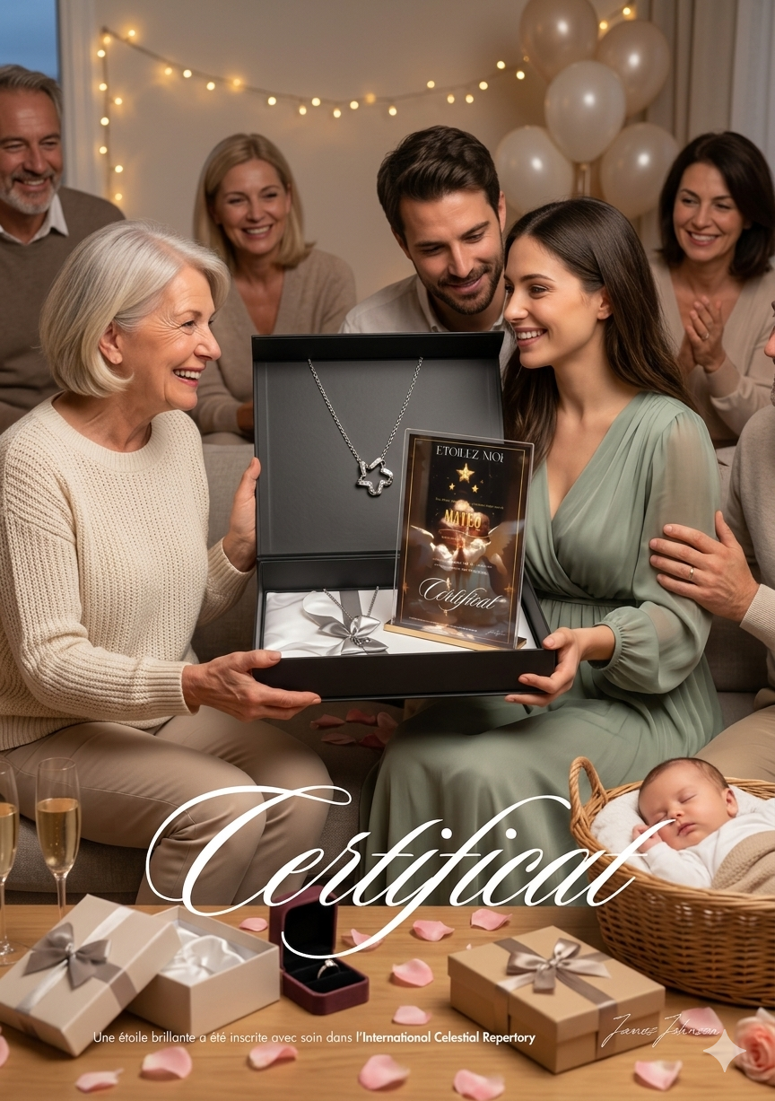 Cadeau baptême parrain marraine avec coffret complet et documents astronomiques personnalisés