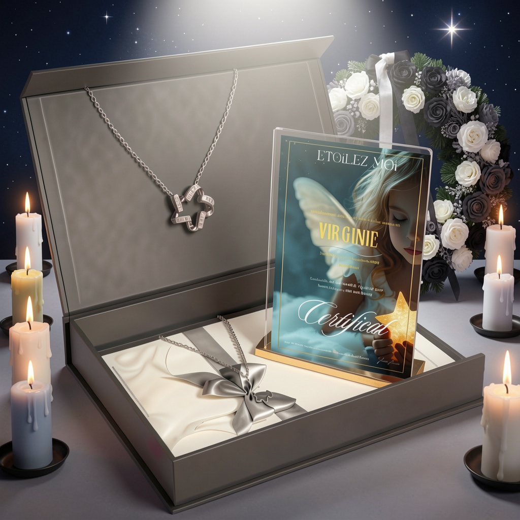 Détail du certificat cadeau condoléances original garçon avec nom de l'étoile et coordonnées célestes