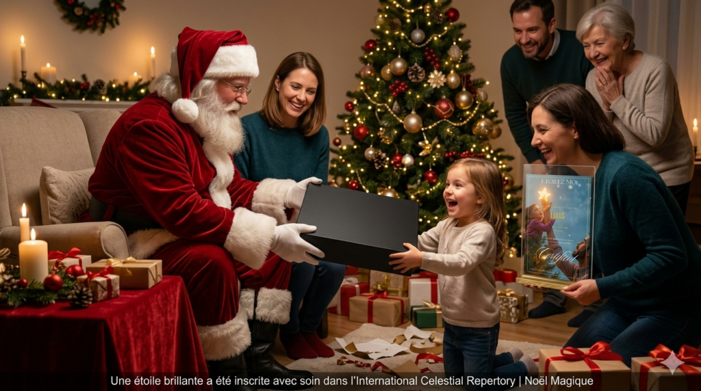 Famille partageant un moment d'émotion autour d'un cadeau de Noël personnalisé pour fille