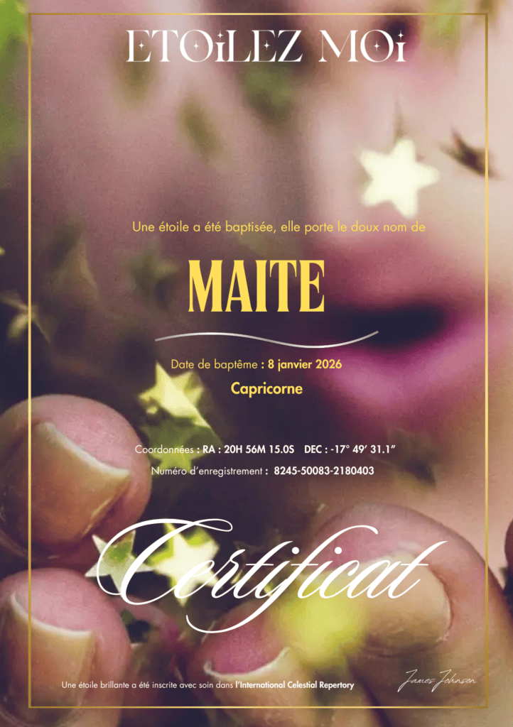 Coffret de baptême d’étoile personnalisé présenté comme un cadeau anniversaire symbolique fille, avec certificat, carte du ciel et documents premium prêts à offrir