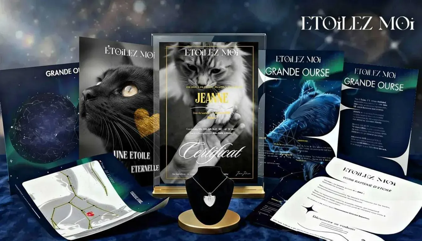 Coffret de baptême d’étoile avec certificat, fiches constellations et collier étoile