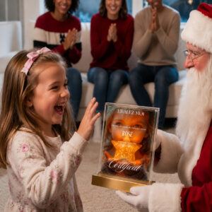 Une petite fille rieuse reçoit du Père Noël un certificat de baptême d’étoile lumineux, sa famille applaudit derrière elle