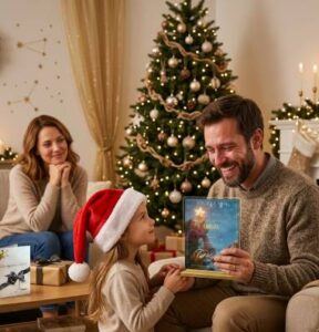 Une petite fille en bonnet de Père Noël offre à son père un certificat de baptême d’étoile devant le sapin, sa mère souriant à côté