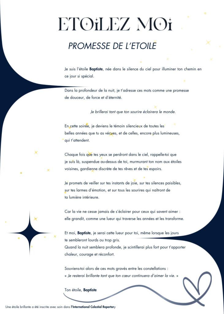 Promesse de l’étoile personnalisée incluse dans un cadeau anniversaire garçon personnalisé