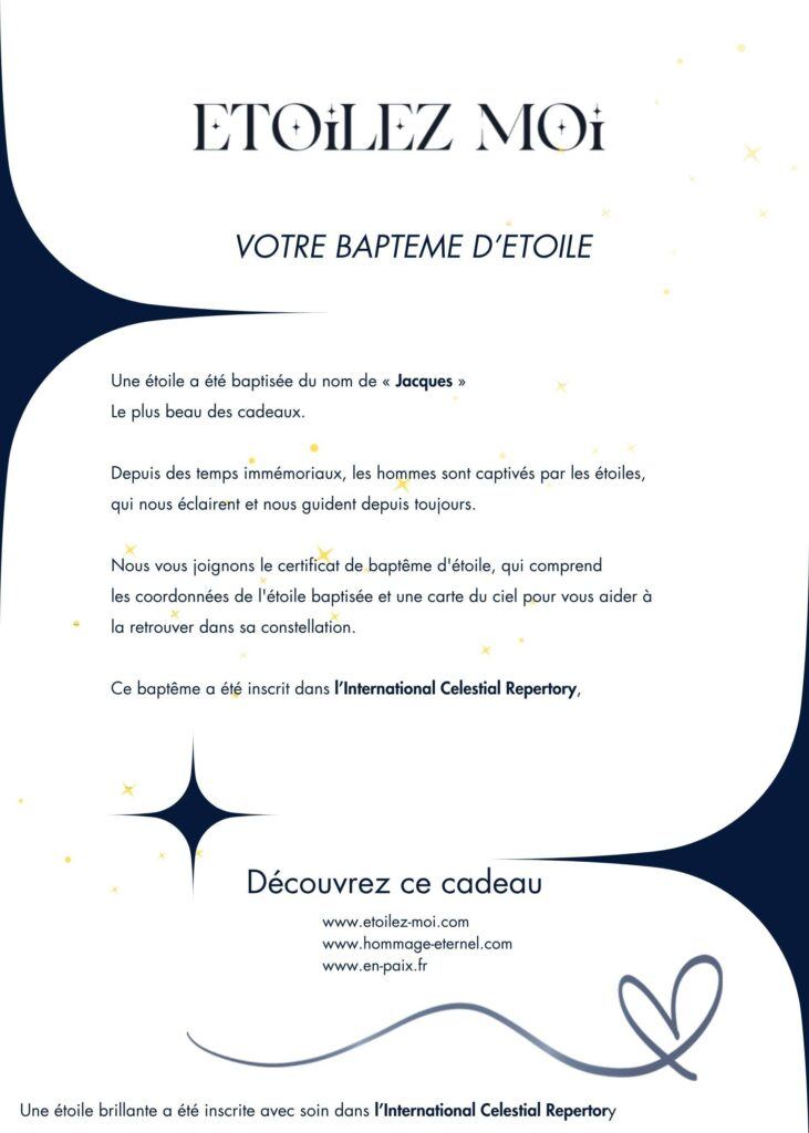 Lettre accompagnatrice cadeau Noël homme original symbolique expliquant la signification de l’étoile offerte