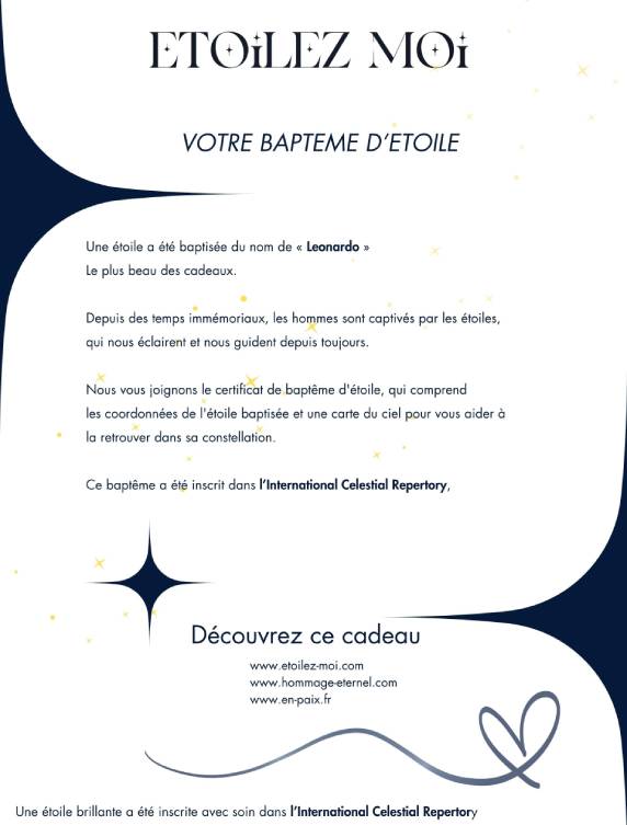 Lettre d’accompagnement du coffret idée cadeau anniversaire personnalisé pour femme avec étoile