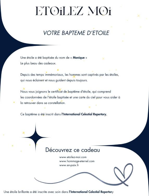 Lettre accompagnatrice coffret baptême d’étoile cadeau Noël numérique livraison urgente email personnalisé étoile symbolique