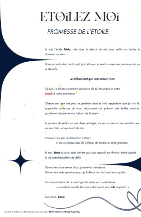 Promesse de l’étoile personnalisée pour cadeau naissance garçon symbolique