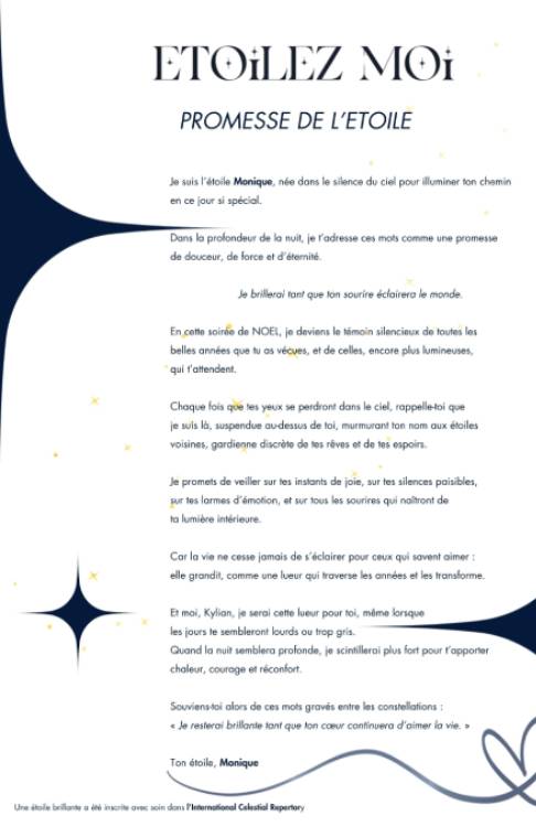 Promesse de l'étoile incluse dans un cadeau Noël enfant dernière minute personnalisé