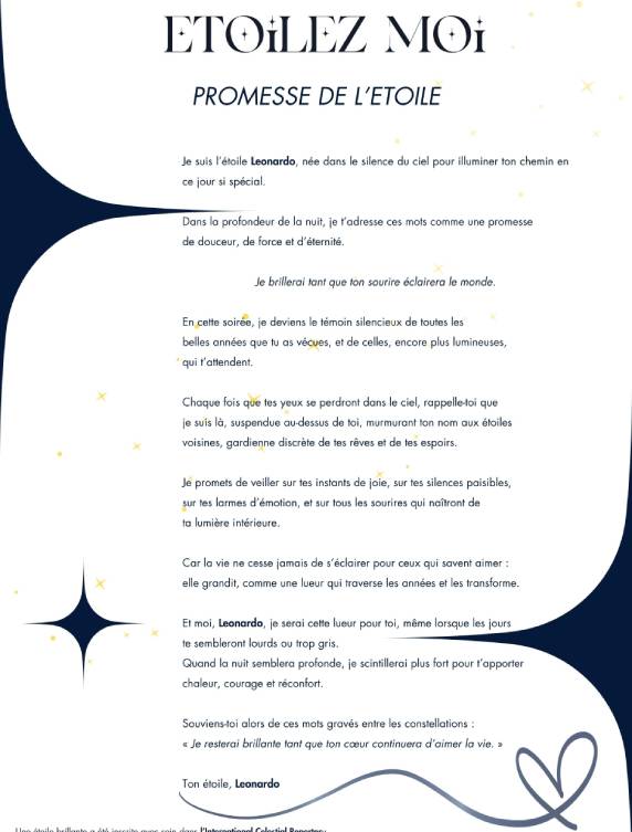 La Promesse de l'Étoile document symbolique inclus dans une idée cadeau Noël papa original