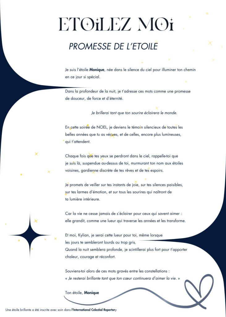Lettre promesse de l’étoile cadeau de Noël numérique livraison urgente email certificat personnalisé baptême d’étoile