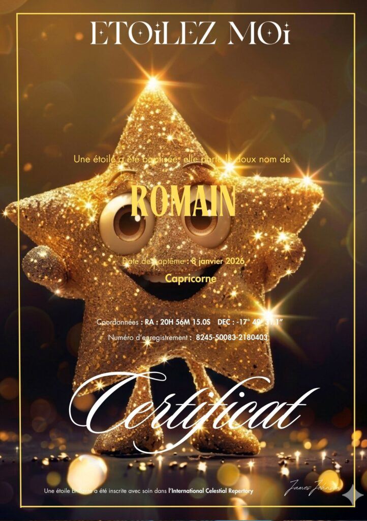 Idée cadeau anniversaire personnalisé homme avec certificat de baptême d’étoile au nom du destinataire