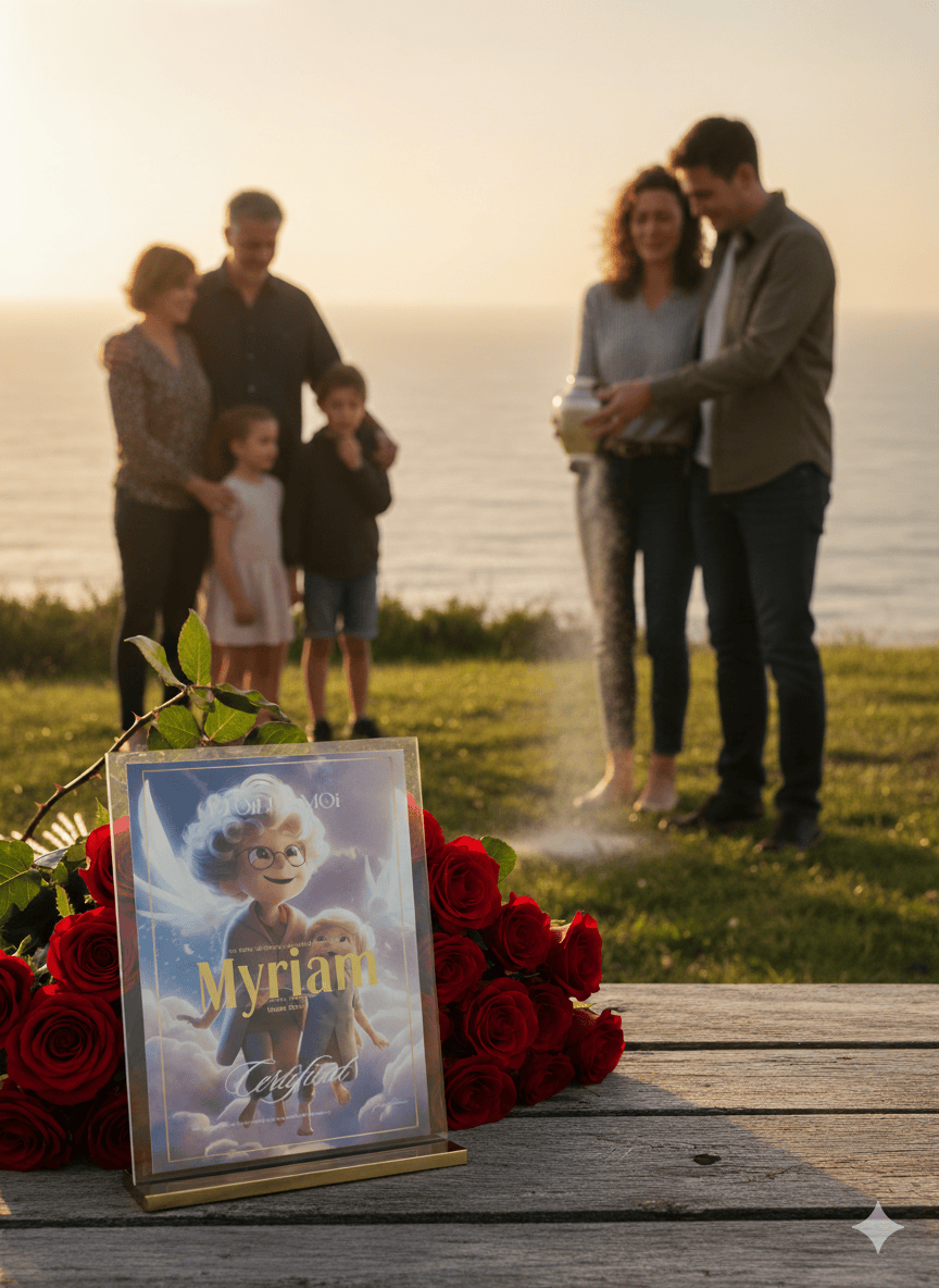 Famille au bord de la mer avec un certificat d’étoile au prénom de leur enfant
