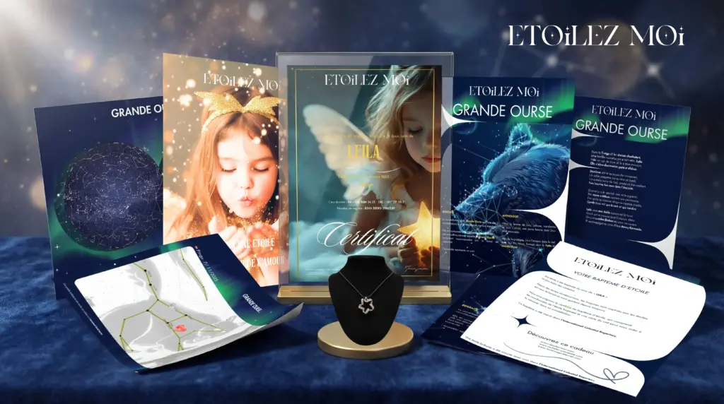 Coffret complet de baptême d’étoile à offrir pour Noel, un cadeau original et rempli d’émotion