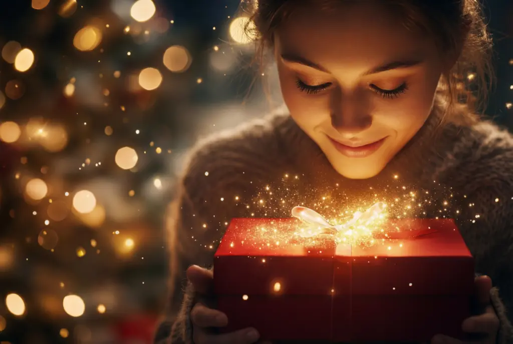 Femme émerveillée découvrant un cadeau lumineux avec des étincelles en forme d’étoiles, symbole du plaisir d’offrir un baptême d’étoile