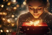 Jeune femme émerveillée ouvrant un cadeau d’où jaillit une lumière dorée