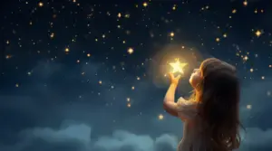 Petite fille tendant la main pour attraper une étoile dans un ciel nocturne
