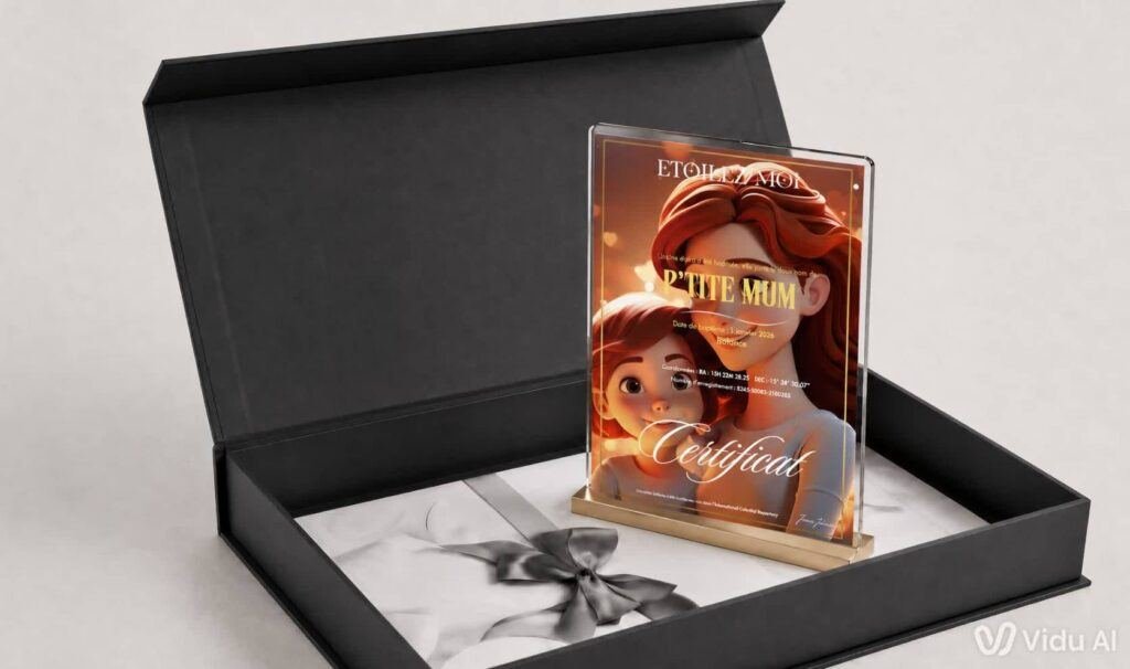 Cadeau fête des mères original et symbolique avec coffret de baptême d’étoile personnalisé pour maman