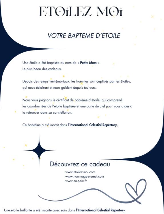Lettre d’accompagnement du coffret de baptême d’étoile pour la Fête des Mères, message émotionnel et poétique inclus dans le cadeau