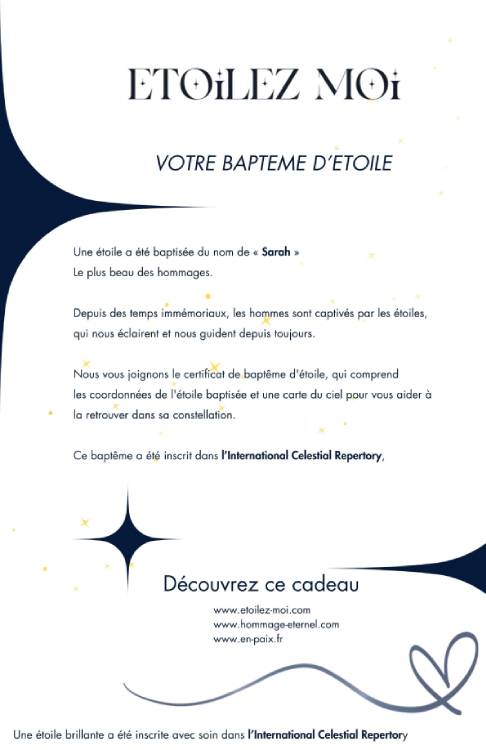 Cadeau enterrement urgent fille avec lettre d'accompagnement expliquant le baptême d'étoile