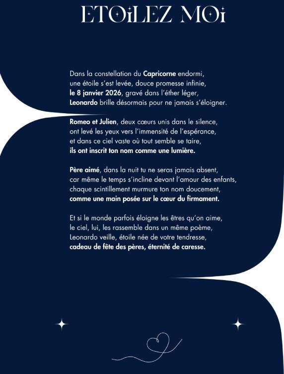 Poème personnalisé dans un coffret de baptême d’étoile pour la fête des pères dédié à Leonardo, constellation du Capricorne, offert par Romeo et Julien