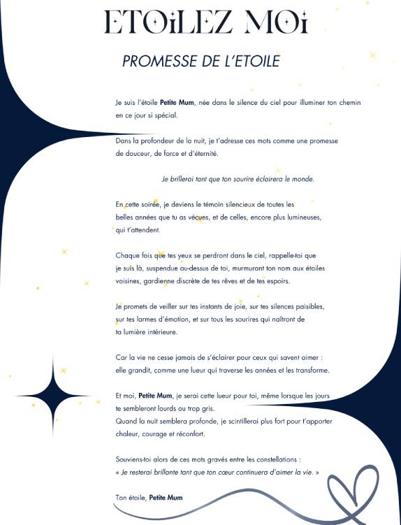 Lettre “La promesse de l’étoile” incluse dans le coffret de baptême d’étoile pour la Fête des Mères, un message symbolique et émotionnel d’amour éternel