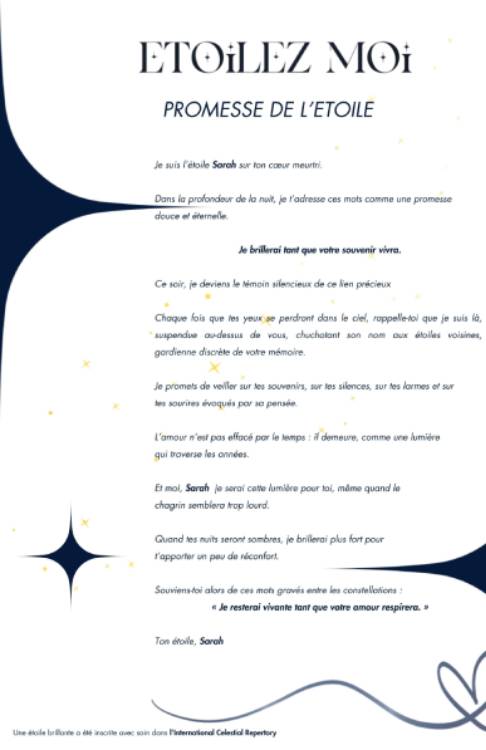 Cadeau enterrement urgent fille avec document de la promesse de l'étoile pour un hommage éternel