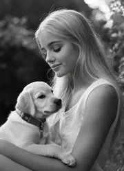 Jeune femme blonde tenant un chiot labrador dans ses bras, photo en noir et blanc