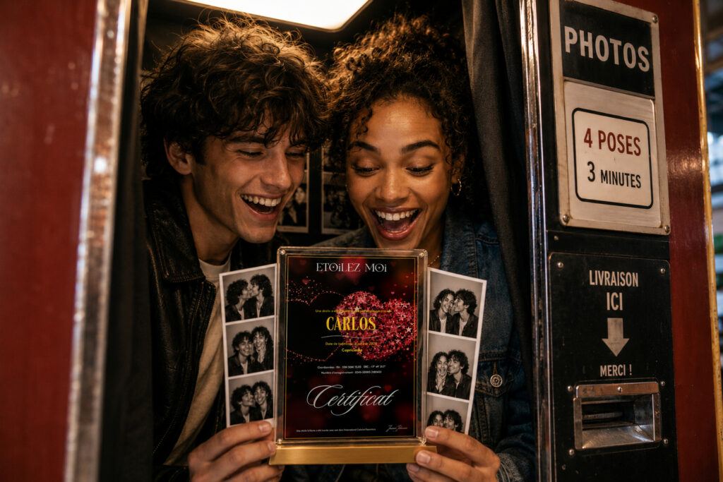 Couple partageant un moment de complicité grâce à un cadeau symbolique