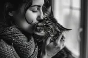 Femme embrassant tendrement son chat, photo en noir et blanc