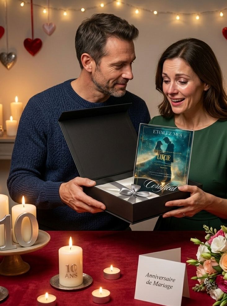 Couple célébrant son anniversaire de mariage avec une étoile personnalisée, idée originale pour revivre les plus beaux souvenirs de noces
