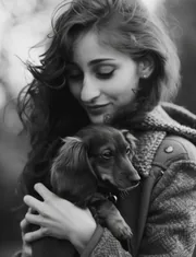 Jeune femme souriante tenant un petit chien dans ses bras, photo en noir et blanc
