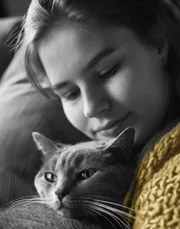 Jeune femme câlinant un chat gris, photo en noir et blanc