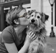 Femme embrassant son chien dans la rue, photo en noir et blanc
