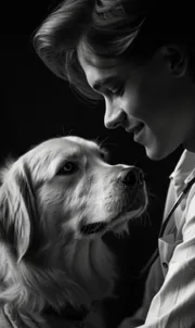 Jeune homme souriant face à son golden retriever, photo en noir et blanc